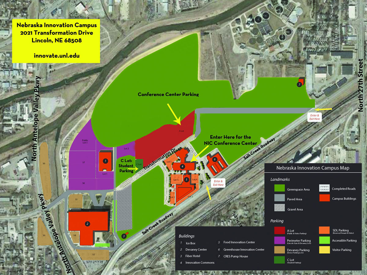 Map of Innovation Campus, including where to enter and park for this event