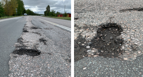 Examples of road damage due to atmospheric conditions on a Finnish highway.