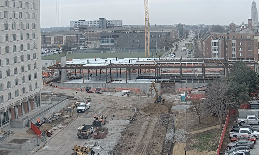 Construction view from the north of Kiewit Hall: April 20, 2022