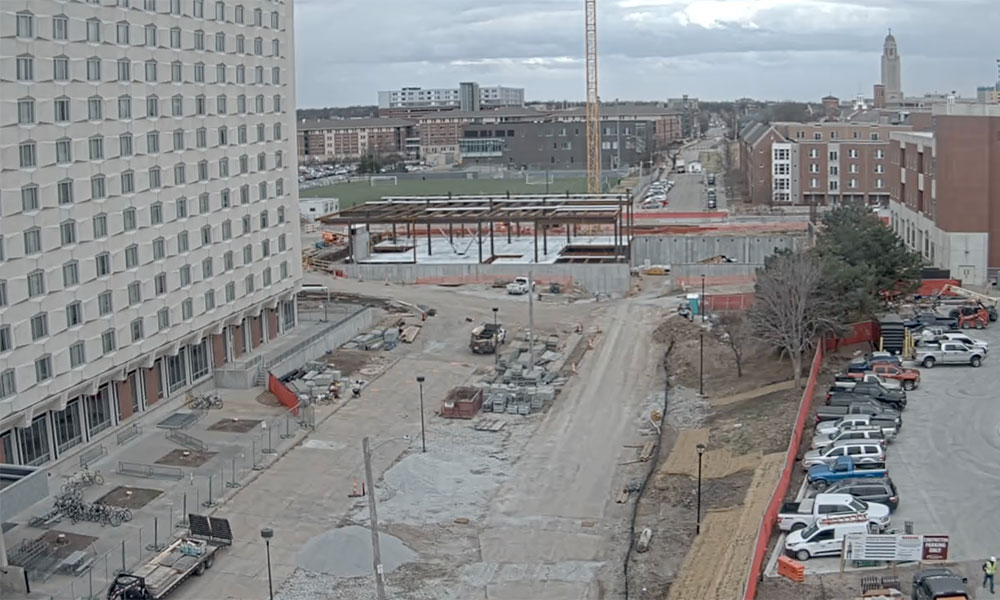 Construction view from the north of Kiewit Hall: April 6, 2022