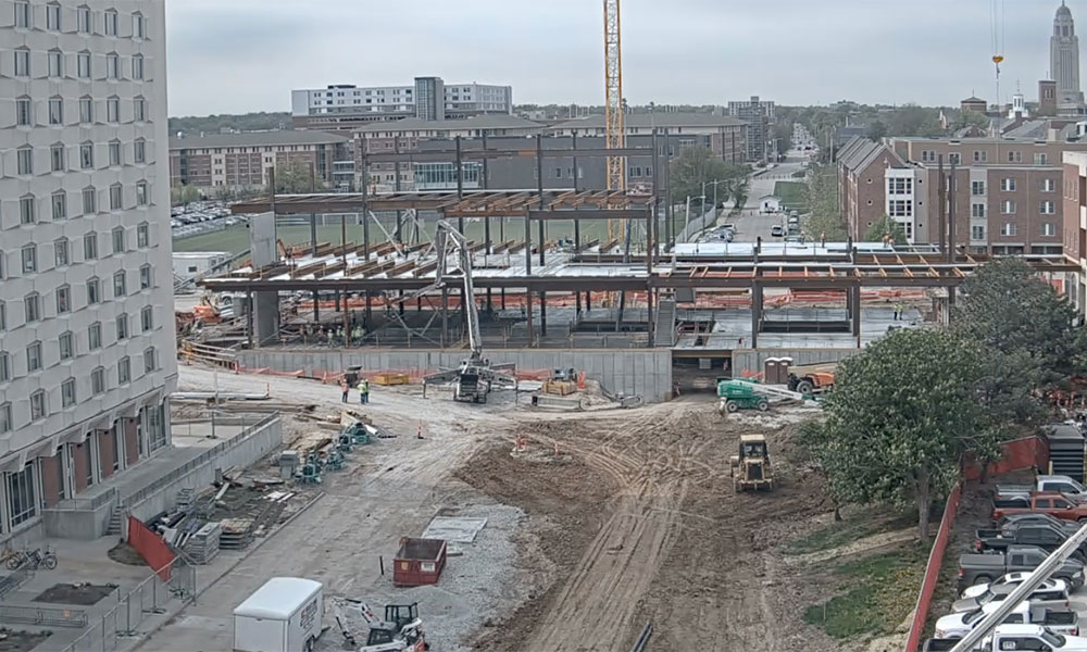 Construction view from the north of Kiewit Hall: May 11, 2022