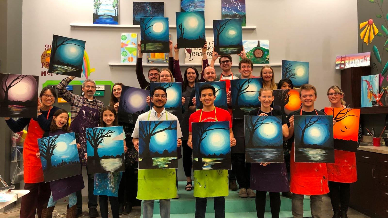 Dr. Wang (far left) and the Nebraska Acoustics Group, celebrating the End-of-the-Academic-Year in 2019 at Corky Canvas in Omaha