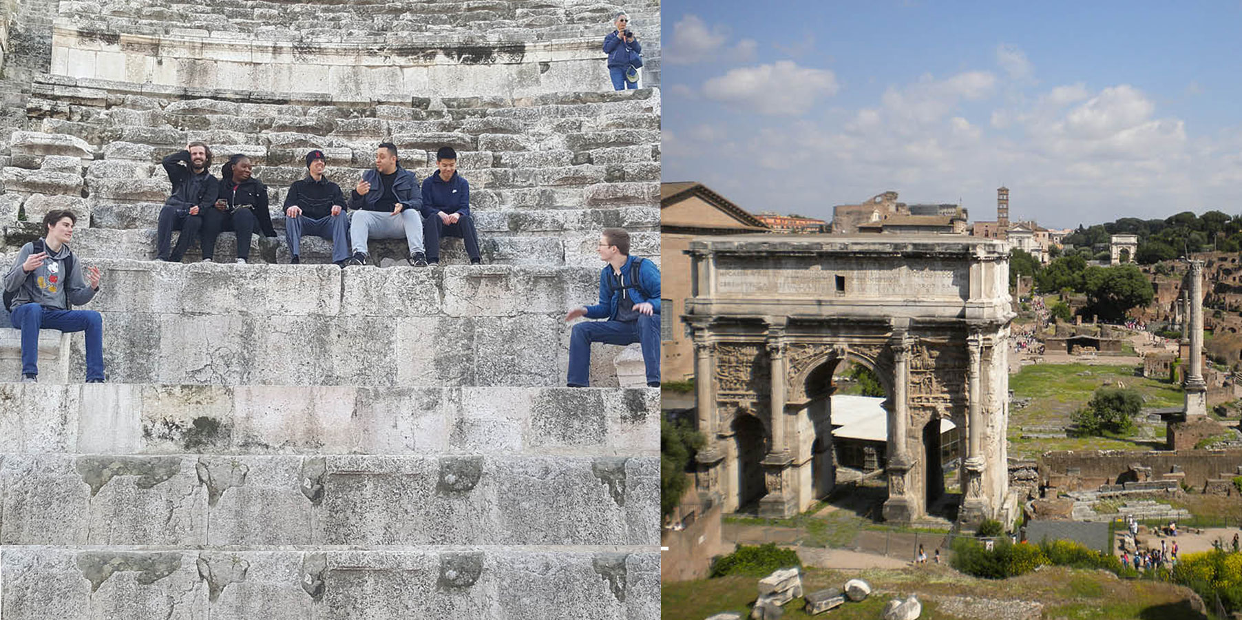 Images of students sitting on steps next to an image of France.