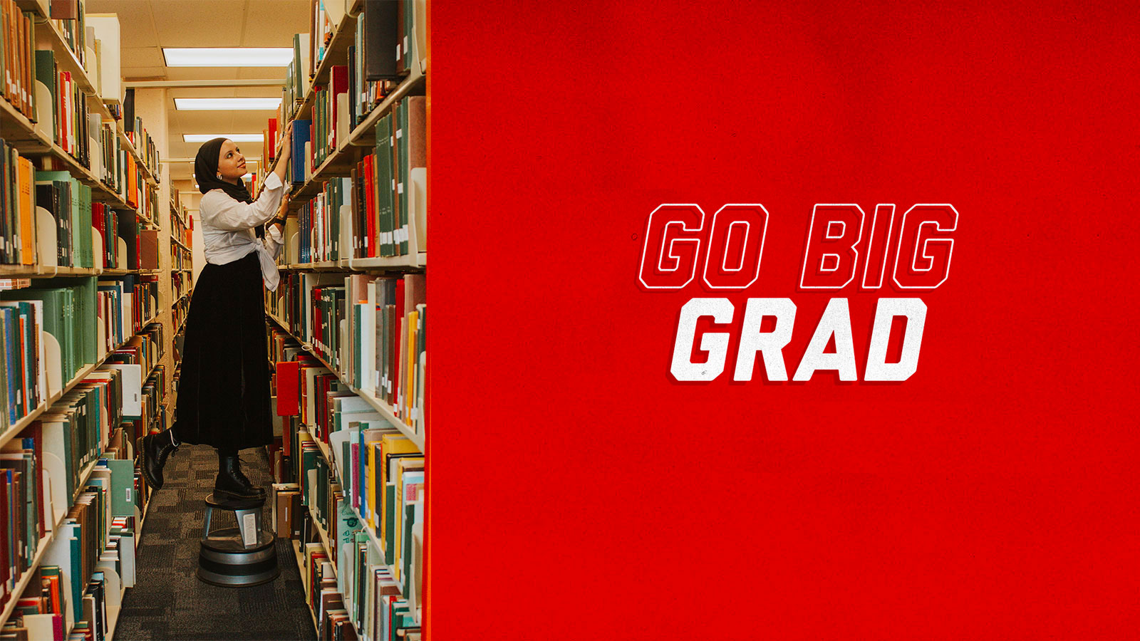 Go Big Grad: Noha Algahimi looking for a book in the library.