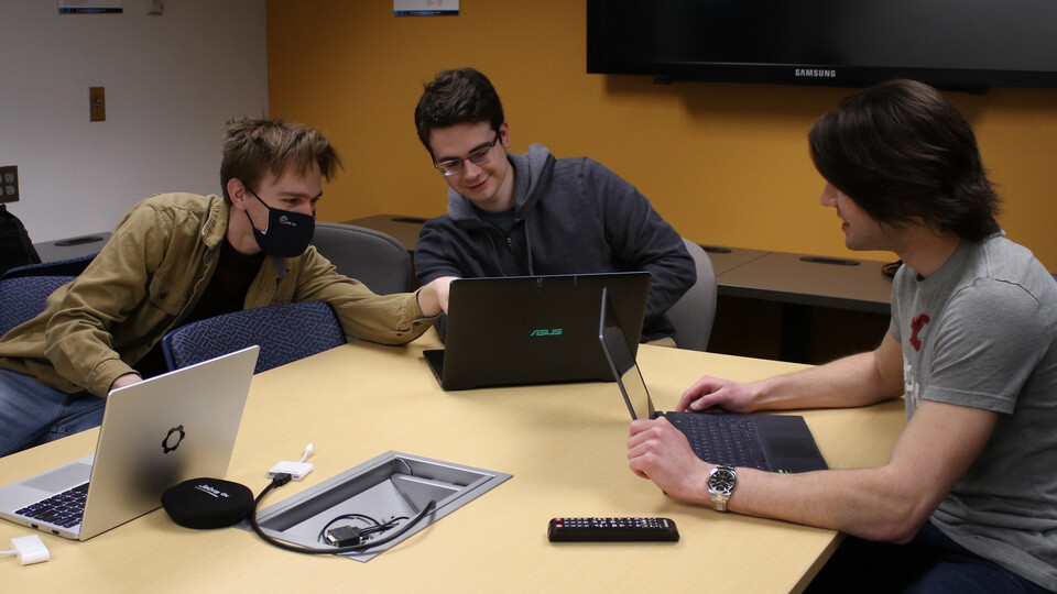 School of Computing Senior Design students (from left) Cole Vaske, Will Swiston and Cody Binder work on their collaborative project with the Nebraska Water Center.