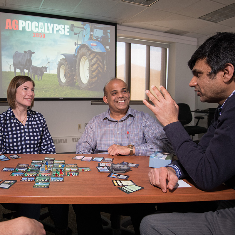 Biological Systems Engineering faculty (from left) Jenny Keshwani, Jeyam Subbiah and Ashu Guru have developed AgPocalypse, a video game to teach farming.