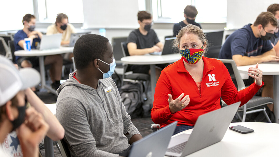 Students talk over scenarios in a Human-Computer Contact robotics course taught by Brittany Duncan, associate professor of computer science and engineering, on Sept. 8. (Craig Chandler / University Communication)