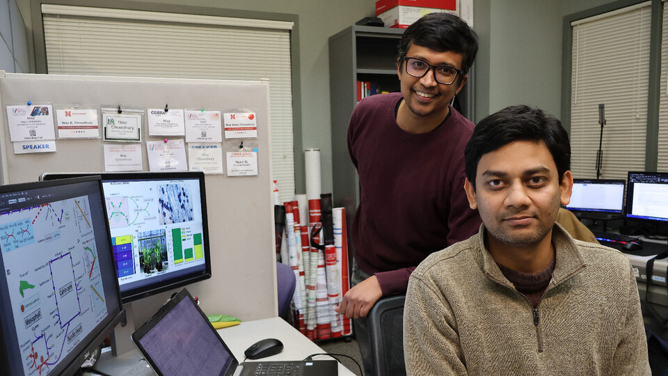 Rajib Saha (left), Richard L. and Carol S. McNeel associate professor of chemical and biomolecular engineering, and Niaz Bahar Chowdhury, doctoral student. (University Communication and Marketing)