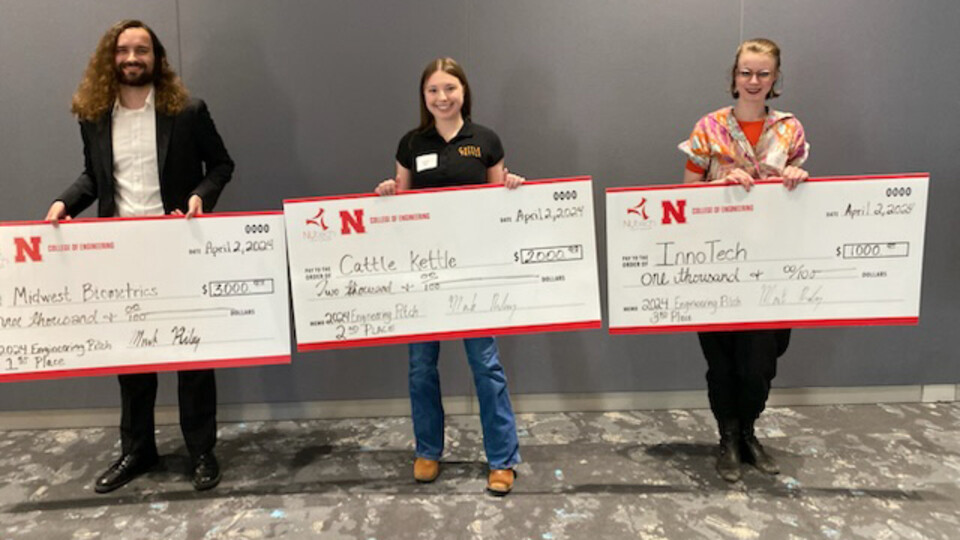 Students who led the winning projects at the 2024 Engineering Pitch Competition are (from left) Patrick McManigal, Brooke Bode and Alyssa Grube.