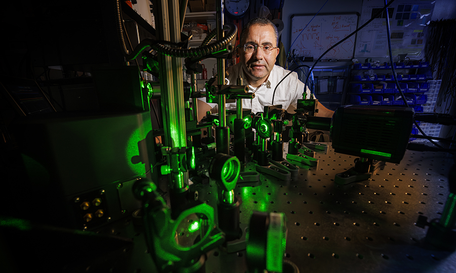 Research teams in the lab of Abdelghani Laraoui, assistant professor of mechanical and materials engineering, are using a quantum sensing technique his lab developed that could lead to big breakthroughs in data transport technologies and in treating diseases. (Craig Chandler / University Communication and Marketing)