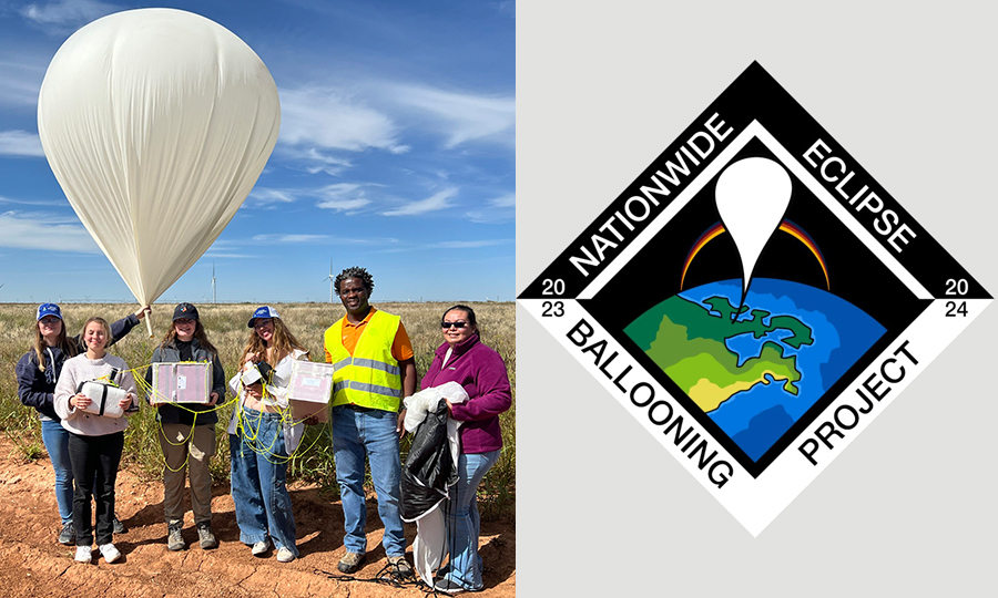 Nebraska AXP team members (left) launched balloons in Roswell, New Mexico during the October 2023 annular eclipse and will launch two balloons on April 8, 2024 during a total eclipse as part of the Nationwide Eclipse Ballooning Project, for which mechanical engineering student Isaac Cade designed the logo (right).
