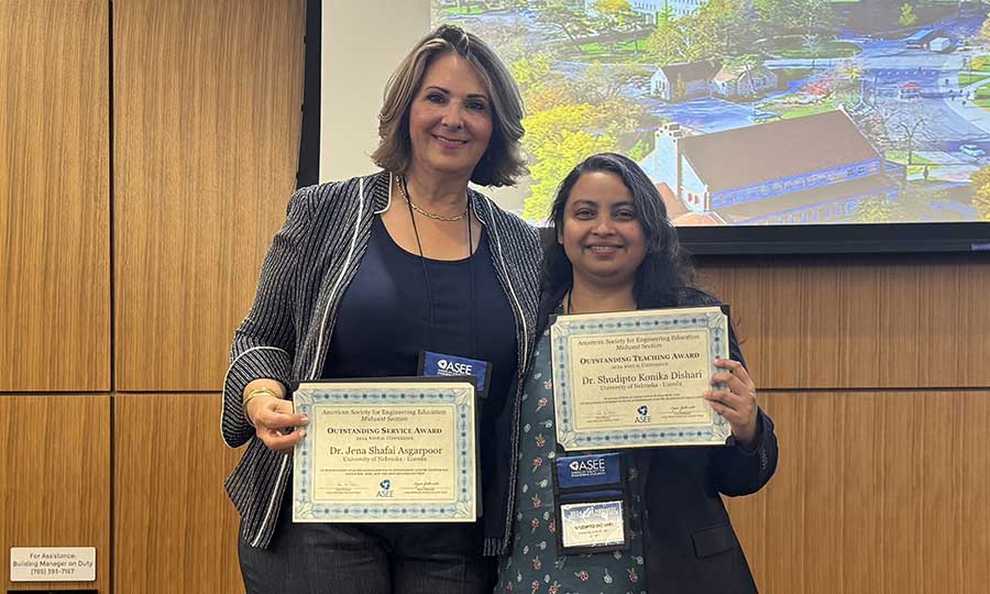 At the 2024 ASEE Midwest Section Conference, Jena Asgarpoor (left) received the Excellence in Service Award, and Shudipto Dishari received the Outstanding Teaching Award.