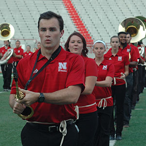 Austin Moran, a junior majoring in civil engineering, is an alto saxophone section leader in the Cornhusker Marching Band.