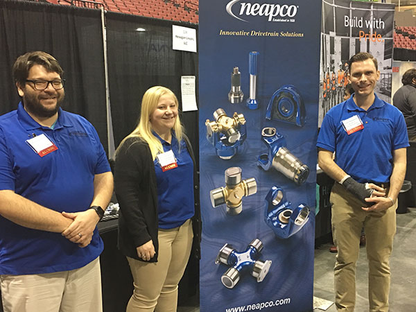 Amber Stettnichs and two of her colleagues from NEAPCO attend the 2018 UNL STEM Career Fair at Pinnacle Bank Arena.