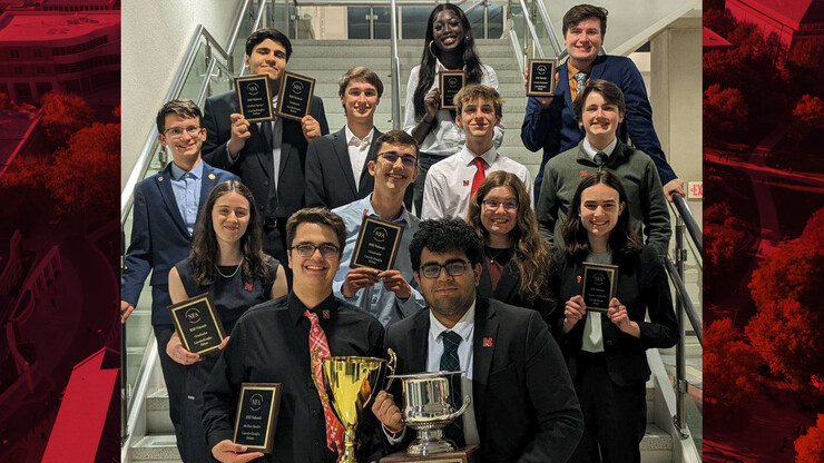 Engineering students Zachary Wallenburg (second row, second from left) and Amber Tannehill (second row, second from right), were part of the UNL Debate Team's 2022 and 2023 national championships.