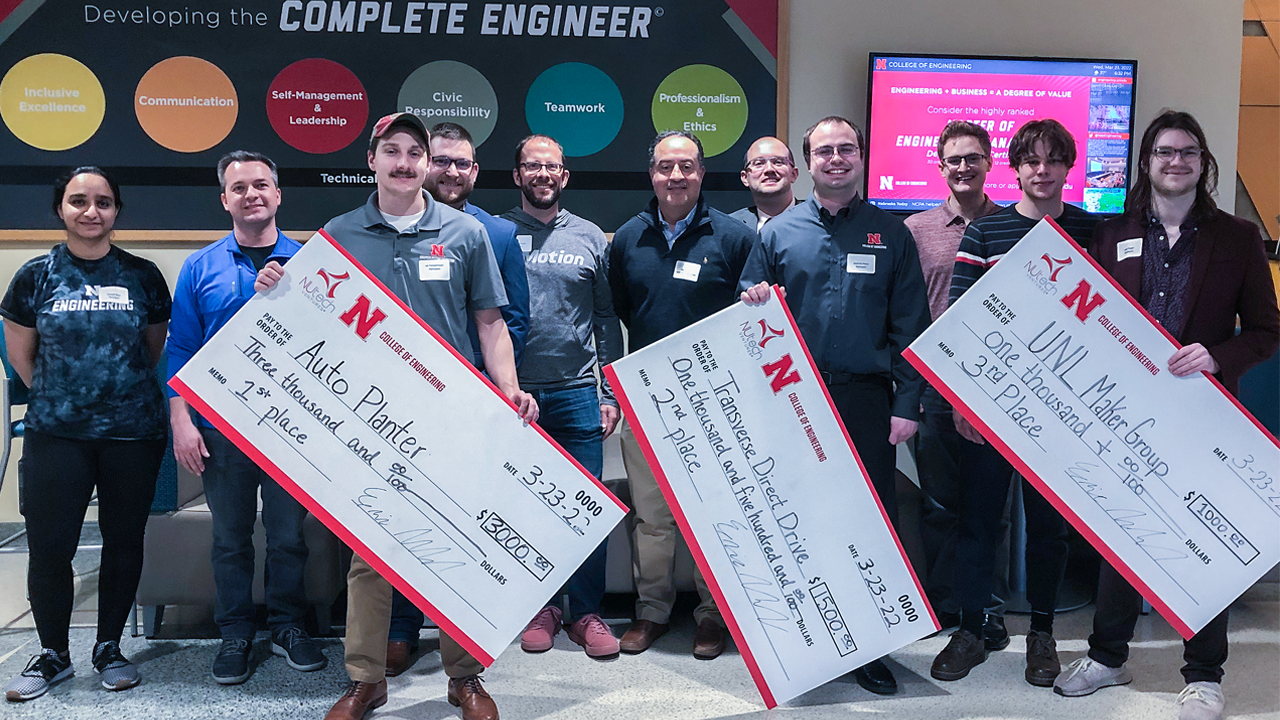 Prize winners at the March 23 Engineering Pitch Competition were: First place – Auto Planter, Ian Tempelmeyer (grad student in biological systems engineering); second place – Transverse Direct Drive, Matthew Penne (grad student in electrical and computer engineering); third place – UNL Maker Group, Isaac Regier (senior in mechanical and materials engineering) and Brendan Colford (senior in architecture). 