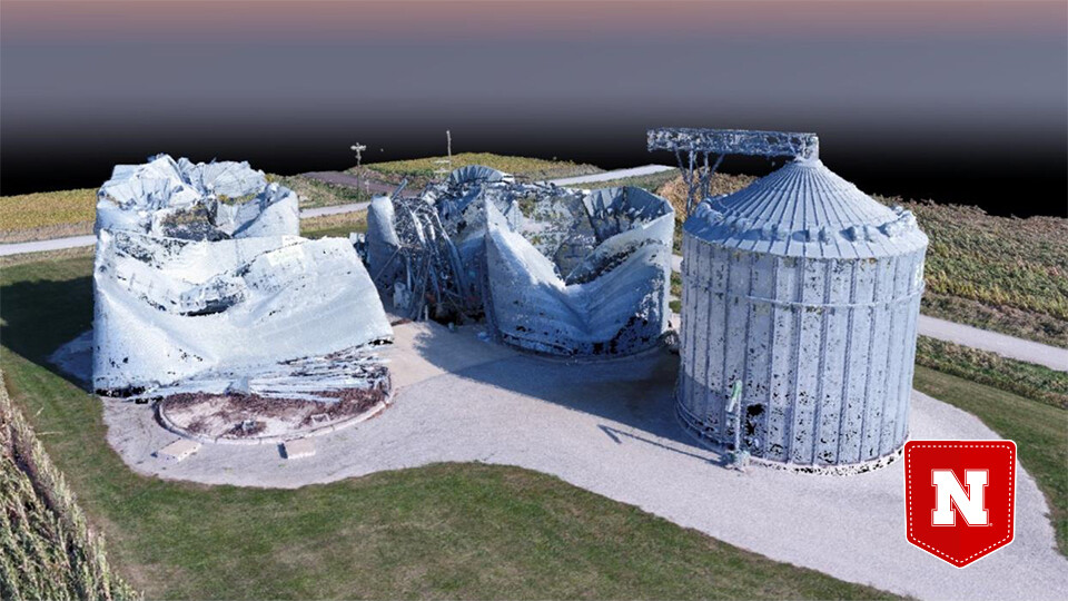 A 3D rendering of grain bins following an August 2020 windstorm. The rendering was produced with the aid of lidar — near-infrared laser beams fired at the structures by a drone flying above the site.