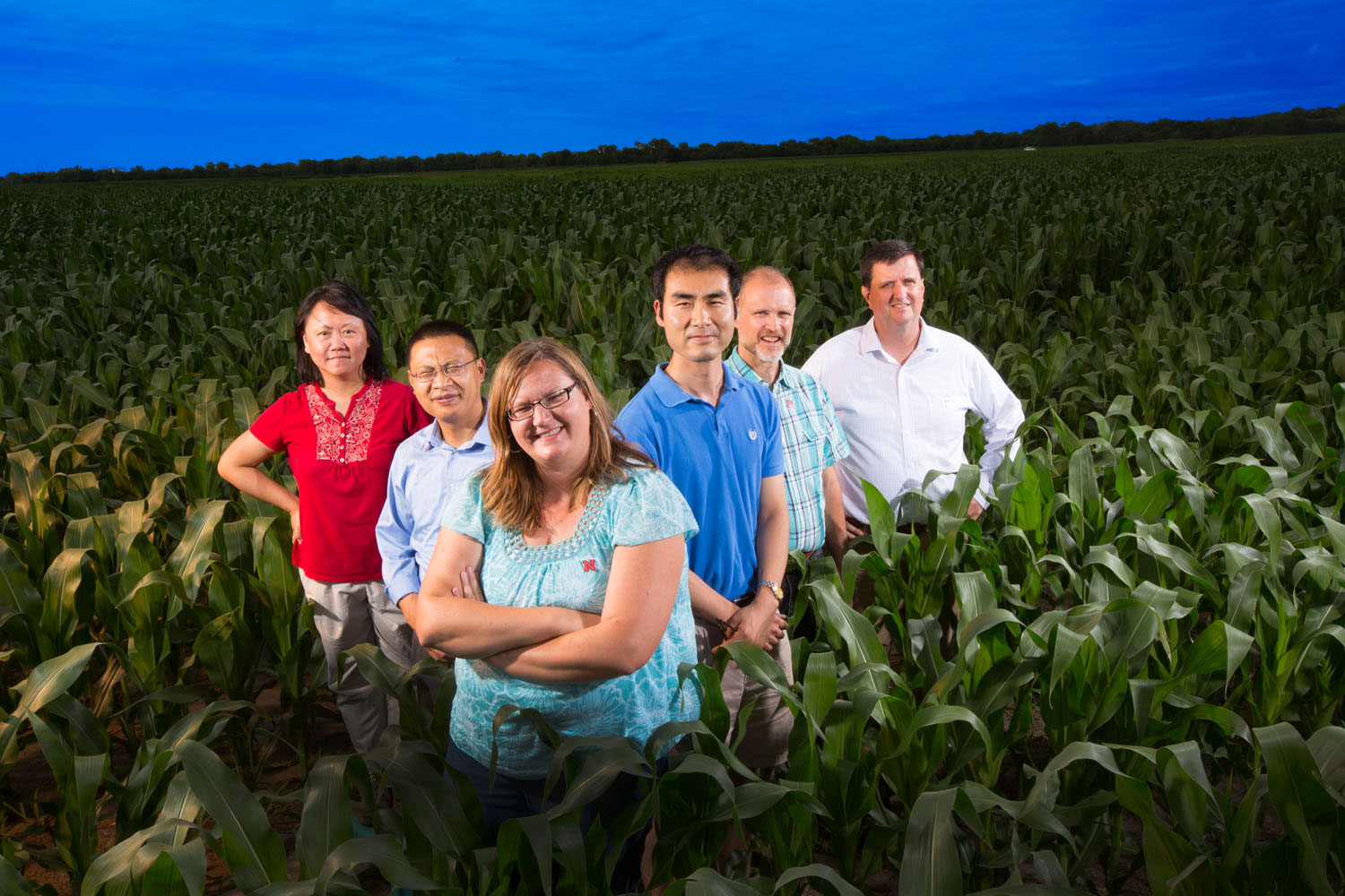 UNL climate change and groundwater quality team, from left: Yusong Li, civil engineering; Zhenghong Tang, community and regional planning; Shannon Bartelt-Hunt and Xu Li, civil engineering; Dan Snow, Nebraska Water Center; and Eric Thompson, economics. Not pictured, David Rosenbaum, economics.