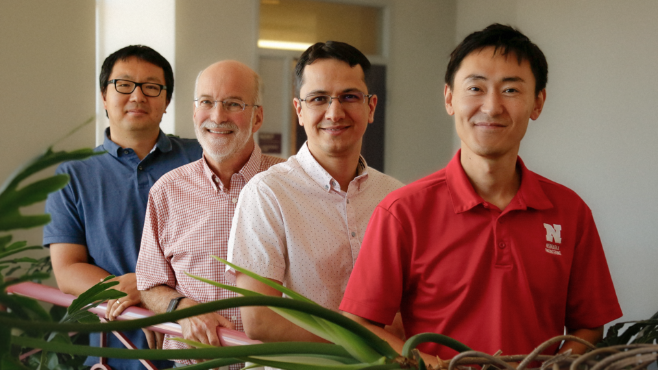 The University of Nebraska–Lincoln team working on the MICRA project includes (from left) Saleh Taghvaeian, biological systems engineering; Daniel Schachtman, agronomy and horticulture; Taro Mieno, agricultural economics; and Seunghee Kim, civil engineering.
