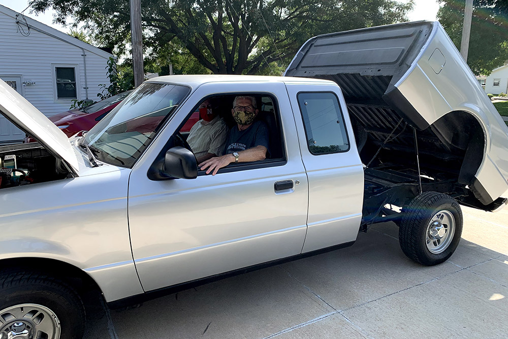 Paul Smith, who lives in Blair, donated this 1994 Ford Ranger pickup that he converted to all-electrical systems. Jerry Hudgins, chair of electrical and computer engineering, met Smith in October to receive the donated truck.
