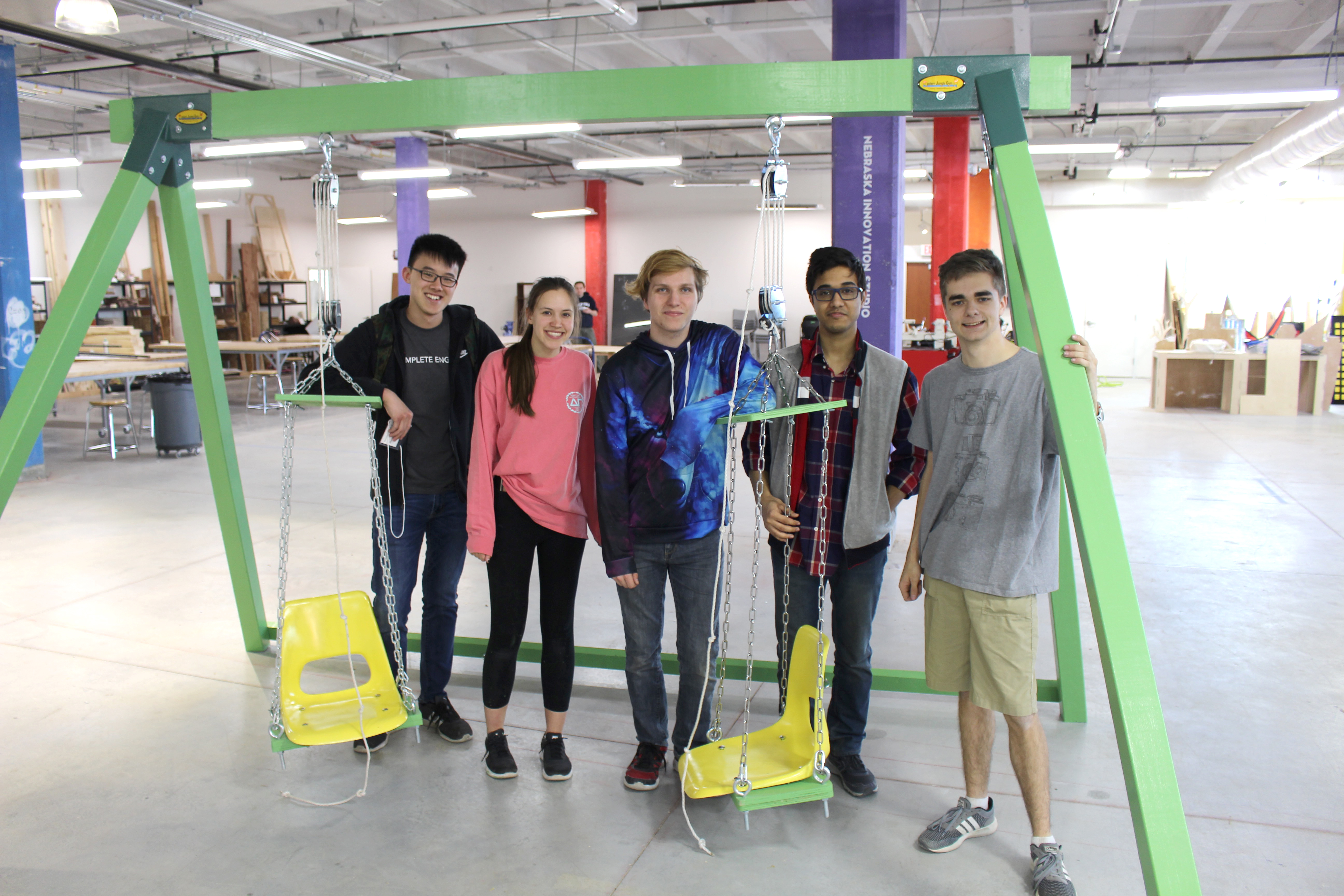 Nebraska Engineering students were part of the Nebraska Theme Park Design Group, which designed and built a new attraction - the Superhero Swing - for the Lincoln Children's Museum.