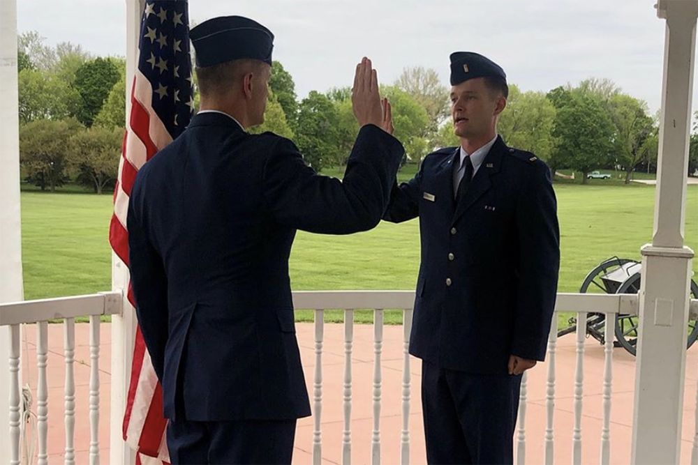 Justin Humphrey (right), who graduate this spring with a degree in civil engineering, recently received his military commission as a second lieutenant in the Air Force. He is one of six 2020 Nebraska Engineering graduates and ROTC cadets to receive commissions.
