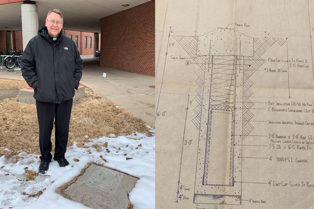 Father Bill Holoubek, a 1989 agricultural engineering alumnus, was in charge of the project to create and bury a time capsule outside The Link 32 years ago. Students led all phases of the project, including the creation of blueprints.