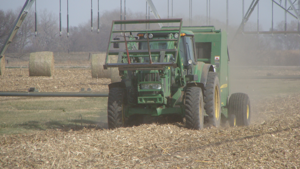 Baling corn residue at a University of Nebraska-Lincoln field experiment site in Saunders County, Neb.