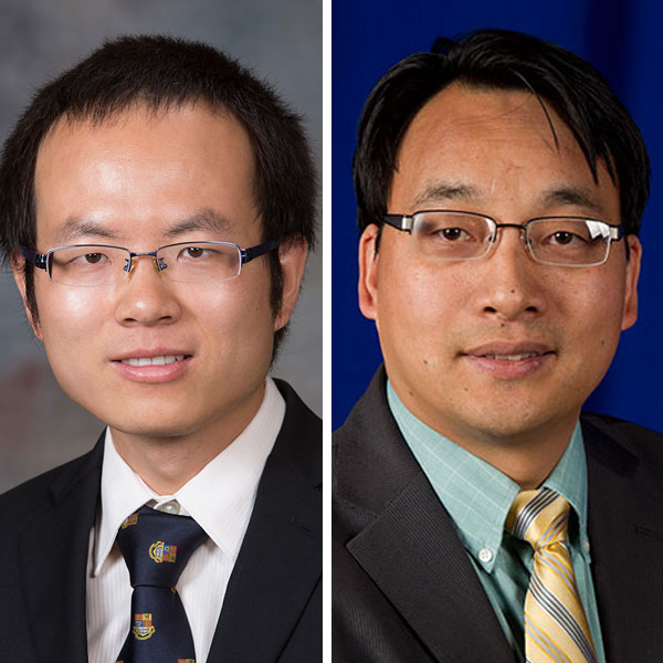 Bai Cui (left), assistant professor of mechanical and materials engineering, and Jian Wang, associate professor of mechanical and materials engineering.
