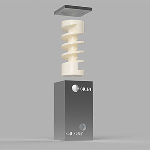 This device, designed by a team of biological systems engineering senior capstone students, would help John Deere solve the problem of air bubbles in the hydraulic system of a tractor causing damage to an oil filter. Inside the aluminum box is a 3-D printed, corkscrew-like device - 4 inches in diameter and about 9 inches long - that uses centrifugal force to separates hydraulic oil from the air bubbles.