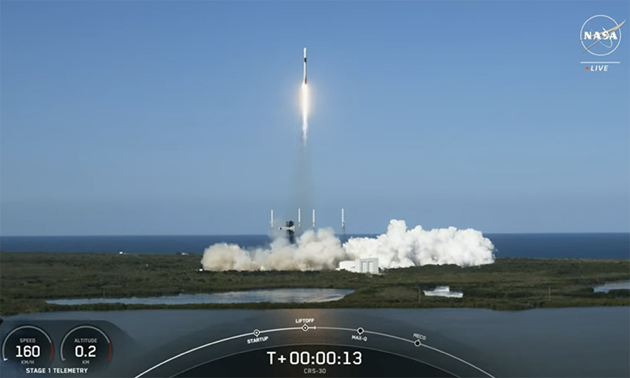 A Falcon 9 rocket carrying an experimental satellite designed by the Big Red Satellite team at the University of Nebraska-Lincoln hurtles toward outer space only seconds after launching from Florida on March 21, 2024. (Screen capture from NASA livestream / YouTube)