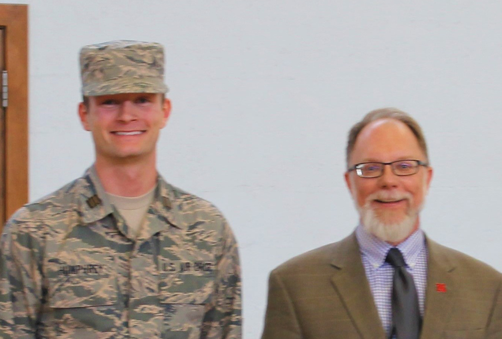 Justin Humphrey (left), a senior civil and environmental engineering major and a cadet in the University of Nebraska-Lincoln Air Force ROTC, has been chosen to receive the SAME ROTC Award of Merit. 
