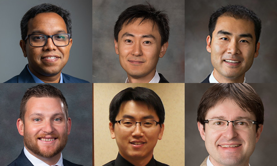 Six Nebraska Engineering faculty - (clockwise from top left) Nirupam Aich, Seunghee Kim, Xu Li, Massimiliano Pierobon, Jae Sung Park, and Eric Markvicka - were awarded named professorships in July 2024.