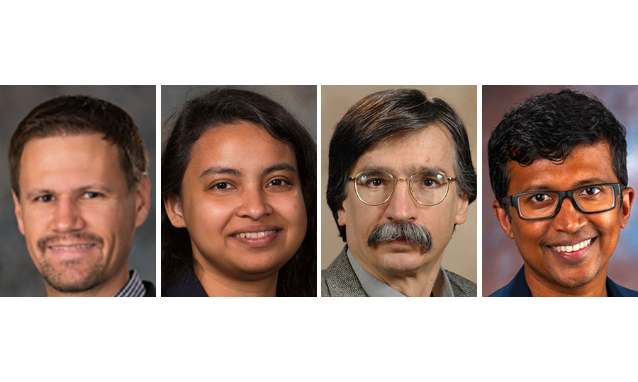 In August 2023, four College of Engineering faculty - (from left) Justin Bradley, Shudipto Dishari, George Gogos and Rajib Saha - were awarded named professorships.