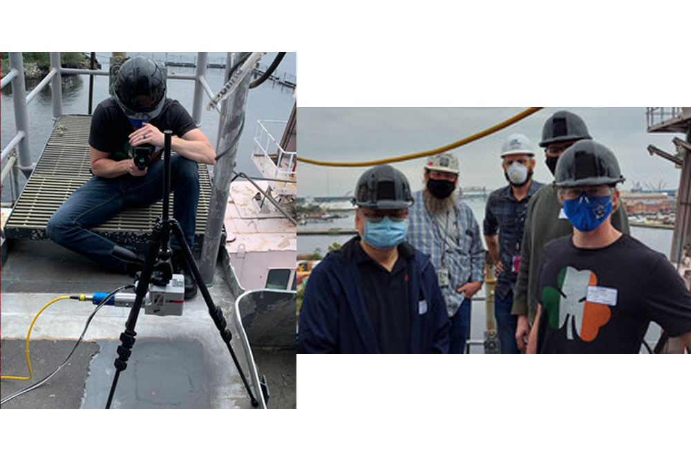 In Norfolk, Virginia, earlier this past fall, a Nebraska Engineering research team, including Tim Carlson (left photo) conducted a test of a laser-based system that prevents and repairs corrosion on aluminum-sided. The team (right photo) included Nebraska Engineering's Yongfeng Lu (left), Carlson (far right) and Nick Pease (obscured, second from right). Others pictured are (right of Lu) Richard Stark of NavSea and Donald Tubbs of Electrawatch.
