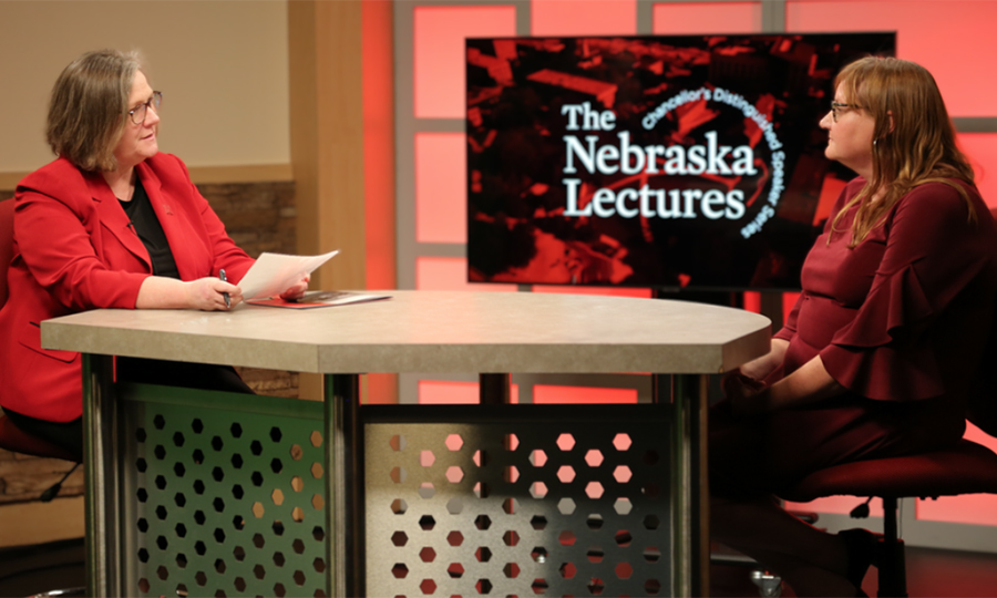 Sherri Jones, interim vice chancellor of research and economic development, moderates a Q&A session with Nebraska Lecturer Shannon Bartelt-Hunt, Donald R. Voelte Jr. and Nancy A. Keegan Chair of Engineering.