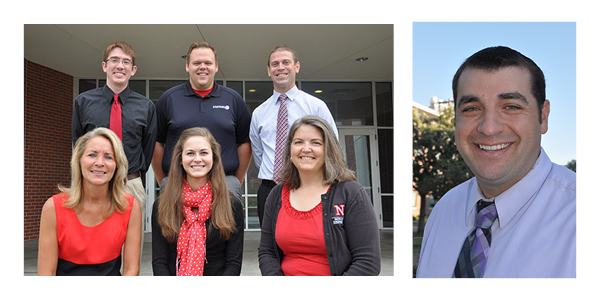 Group photo: Advising Team--clockwise from top left are Kevin Sueper, Adam Smith, Brian Keiser, Lori Straatmann, Kayla Person, Lark Bear; at right, Mike Loehring, senior drector - Engineering Student Services.