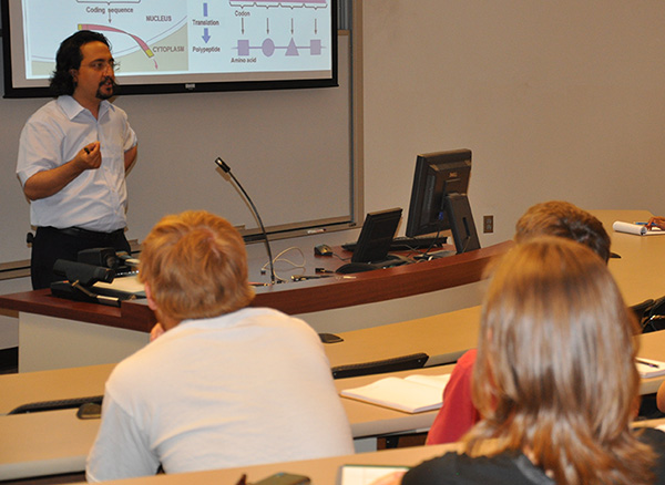 Hasan Otu, an alunnus of the College of Engineering, speaks to students as he joins the faculty of the Department of Electrical Engineering, bringing his focus on bioinformatics to teaching and research at Nebraska.
