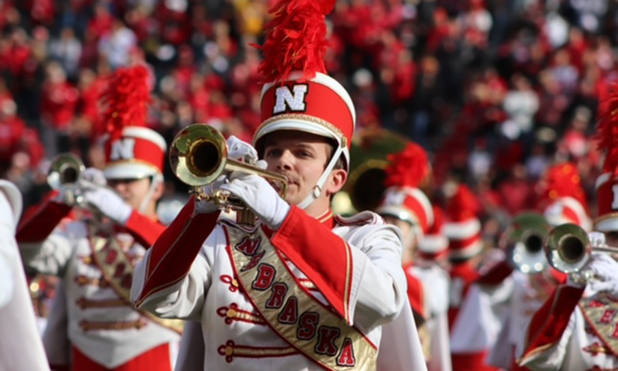 Simon Thengvall, a senior in mechanical engineering, plays trumpet in the Cornhusker Marching Band.