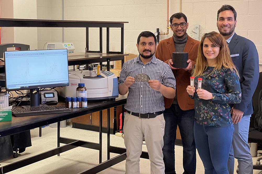 The team of Husker researchers and engineers working on the asphalt project includes (from left) Nitish Bastola, Khalid Al Washahi, Mahdieh Khedmati and Hamzeh Haghshenas Fatmehsari.