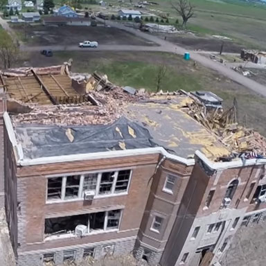 Richard Wood, assistant professor of civil engineering, and graduate students used a camera-equipped drone to capture this image of the Pilger Middle School shortly after it was struck by a tornado in June 2014. 