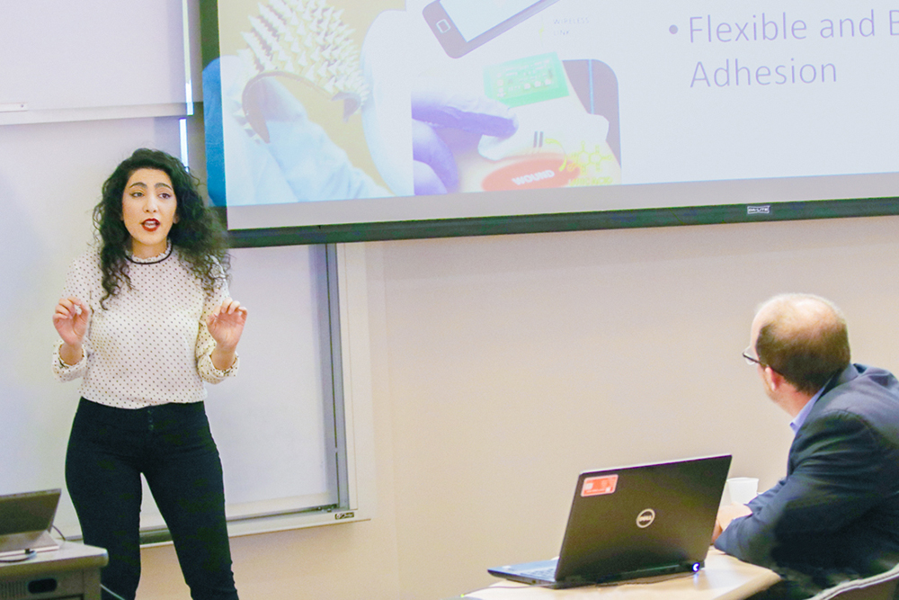 Fariba Aghabaglou, doctoral student in biomedical engineering, won first place among graduate students and faculty with a pitch for SmartFlex, a smart bandage system. 