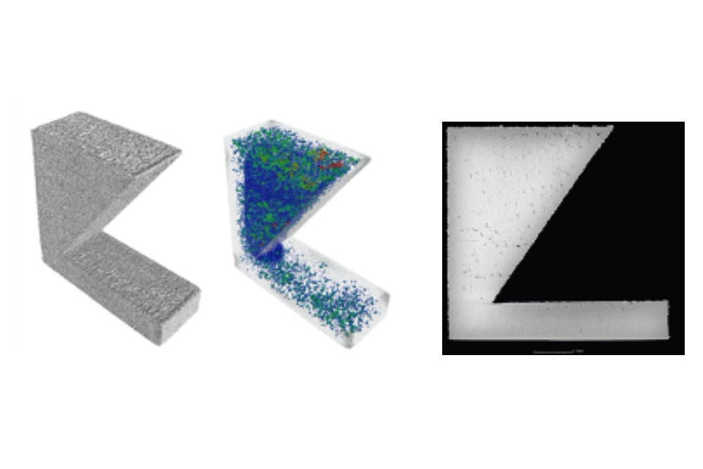 A 1-inch tall, 3D-printed aerospace bracket looks perfectly serviceable on the outside (left image), but tomographic imaging from a new XCT machine (center and right images) in the NERCF shows the bracket is full of pores on the inside.