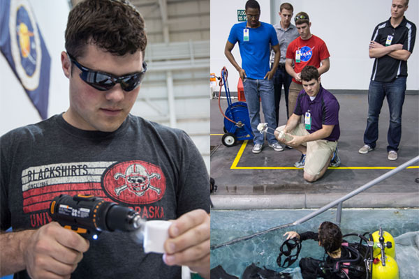 Project manager Luke Monhollon (left) uses a drill to assemble the sample collection tool before the ASR team gives it to a NASA diver (right) for testing at the Johnson Space Center in Houston, Texas.