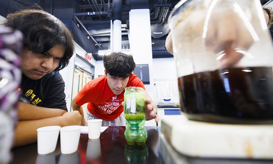 The Sovereign Native Youth STEM Leadership Academy provides opportunities for students in high schools to learn about STEM fields and get experience with engineering, such as building a water filter. (Craig Chandler / University Communication and Marketing)