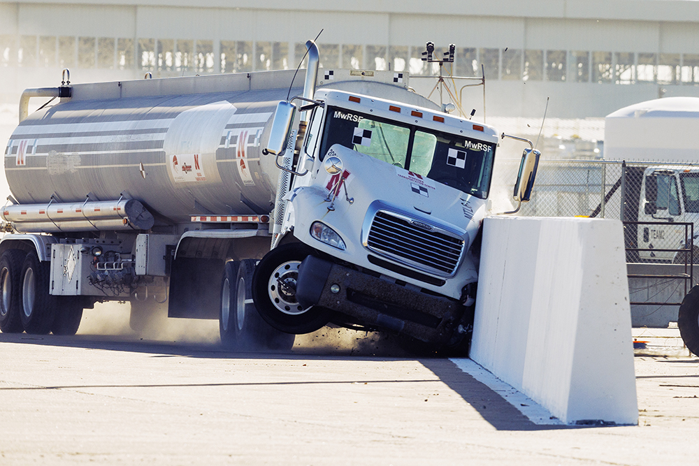 The cab of the truck makes the first contact with the 62-inch barrier at 50 mph. (Craig Chandler / University Communication)