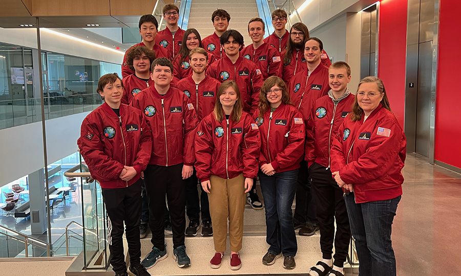 Members of the Big Red Satellite Team received their red mission jackets on Feb. 17 as they prepare for the scheduled March NASA launch of their CubeSat satellite into space aboard a SpaceX Falcon 9 rocket. (Big Red Satellite Team)