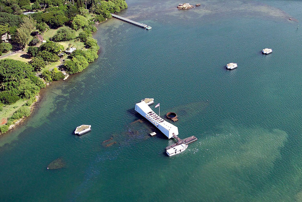 In 1962, a memorial was built over the top of the sunken wreckage of the USS Arizona (Photo courtesy National Park Service)