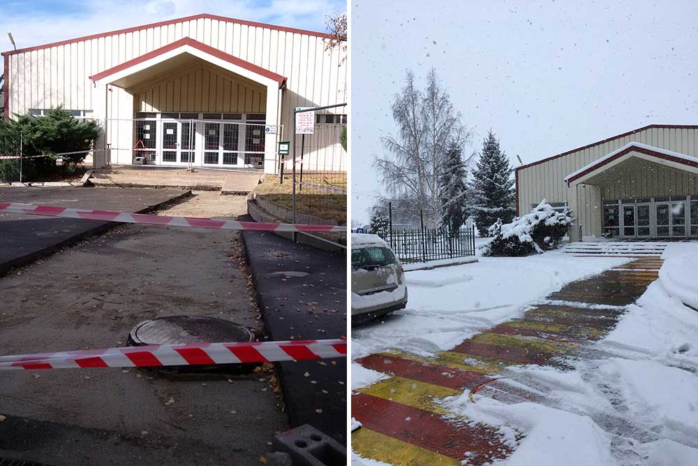 Aurubis constructed a 700-square foot walkway between two buildings (left), and the conductive concrete installed cleared a clean path between them (right) during a big snow storm. (Photos by Vladislov Petrov / Aurubis commercial director)