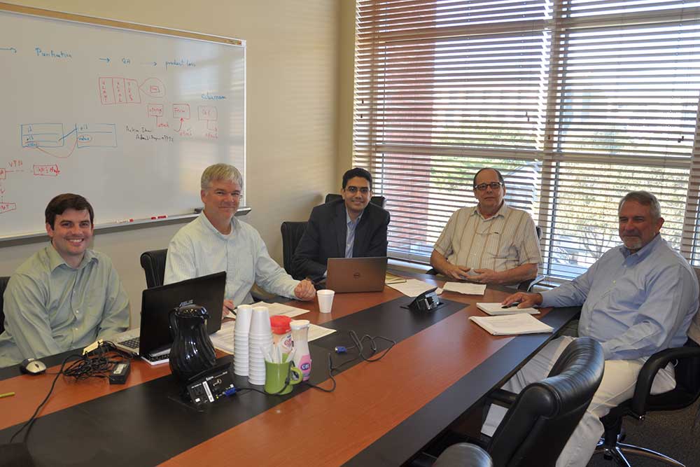 Team members who will work on the cyberbiosecurity project include (from left) Joseph Ernst, research assistant professor of electrical engineering at Virginia Tech; Jeff Briggs, information systems manager at UNL’s BPDF; Ahmed Abdelhadi, research assistant professor of electrical engineering at Virginia Tech; Wallace Buchholz, BPDF director and research professor of chemical and biomolecular engineering; and Randall Murch, research leader for biosecurity and forensics at Virginia Tech.
